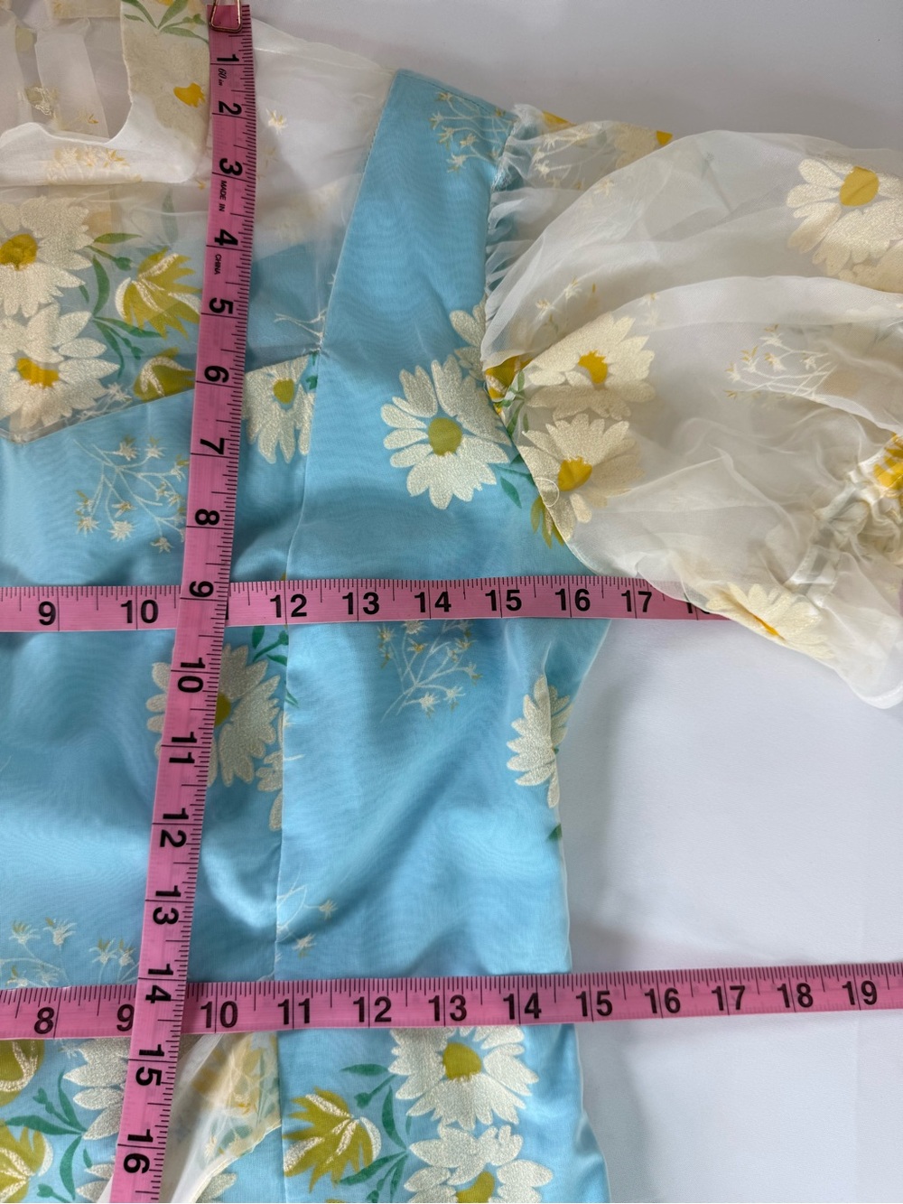 Vintage 60s Sky Blue Prairie Flocked Daisy Floral Ruffled Maxi Dress SMALL EUC - Picture 15 of 16